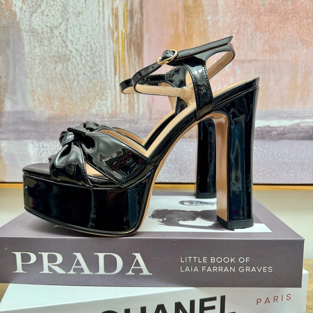 ❤️ NEW 7.5 Black Patent Platform Sandals Heels Chunky Bow Summer Wedding Strappy - Picture 4 of 9
